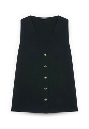 Schwarze ärmellose Weste mit tiefem V-Ausschnitt und sechs dekorativen goldenen Knöpfen vorne.