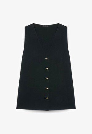 Schwarze ärmellose Weste mit tiefem V-Ausschnitt und sechs dekorativen goldenen Knöpfen vorne.