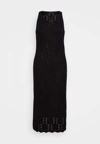 Černé pletené šaty bez rukávů s výstřihem do V, s strukturovaným vzorem a rovný střih, sahající do poloviny lýtek.