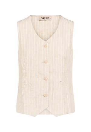 Beżowa kamizelka bez rękawów z białymi pionowymi paskami, dekoltem w serek, czterema guziczkami z przodu i dwiema bocznymi kieszeniami.