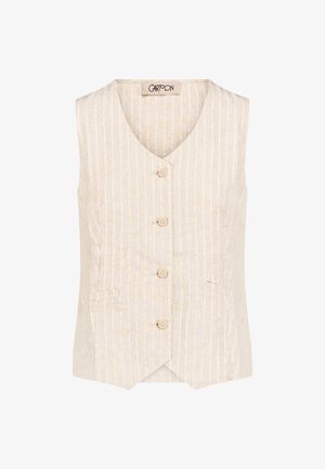 Beżowa kamizelka bez rękawów z białymi pionowymi paskami, dekoltem w serek, czterema guziczkami z przodu i dwiema bocznymi kieszeniami.