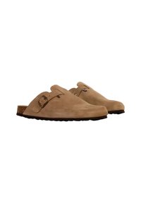 Suede slip-on clogs in light beige with a cork sole, adjustable strap, and smooth texture; minimalist design without embellishments.