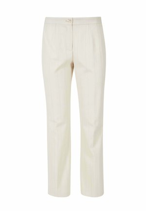 Pantaloni su misura color crema con gamba dritta, caratterizzati da righe verticali, chiusura con bottone e sottili pieghe frontali.