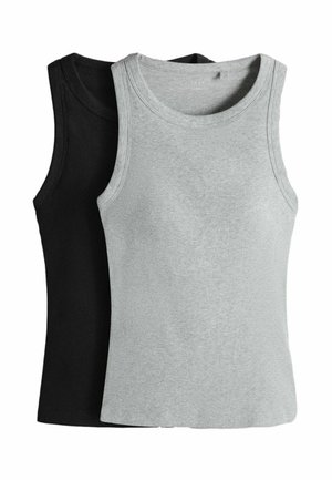 Deux débardeurs sans manches côtelés, un gris clair devant et un noir derrière, présentés à plat sur fond blanc.