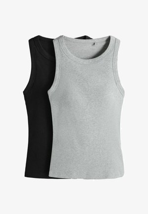 Zwei gerippte ärmellose Tanktops, eines vorne hellgrau und eines hinten schwarz, flach auf einem weißen Hintergrund dargestellt.