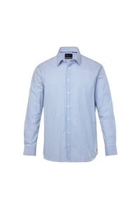 Camisa de botones a rayas azul claro y blanca, con mangas largas, cuello y corte regular. Presenta botones blancos brillantes y un dobladillo curvado.