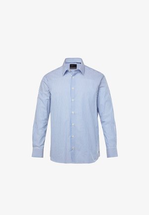 Himmelblau- und weiß gestreifte, knopflose Hemdbluse mit langen Ärmeln, einem Kragen und normaler Passform. Verfügt über glänzende weiße Knöpfe und einen abgerundeten Saum.