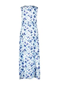 Maxi šaty z lehkého materiálu s modro-bílým abstraktním vzorem. Bez rukávů, s tvarovaným pasem a uzávěrem na klíčovou dírku na zadní straně.