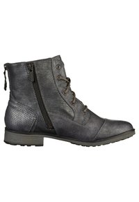 Bottes basses noires en cuir texturé, avec une fermeture éclair latérale, un devant lacé et un talon bas et robuste. Semelle en caoutchouc pour une meilleure adhérence.