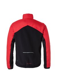 Giacca imbottita con parte superiore della schiena e maniche rosse, corpo nero, collo rialzato e tasca con zip sulla parte bassa della schiena. Presenta polsini elasticizzati.