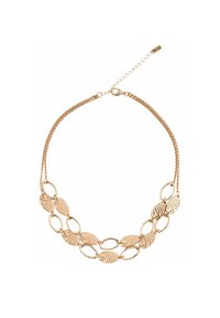 Collier en métal doré avec des maillons en forme de feuille ovale dotés de motifs texturés, attaché à une chaîne avec un fermoir ajustable.