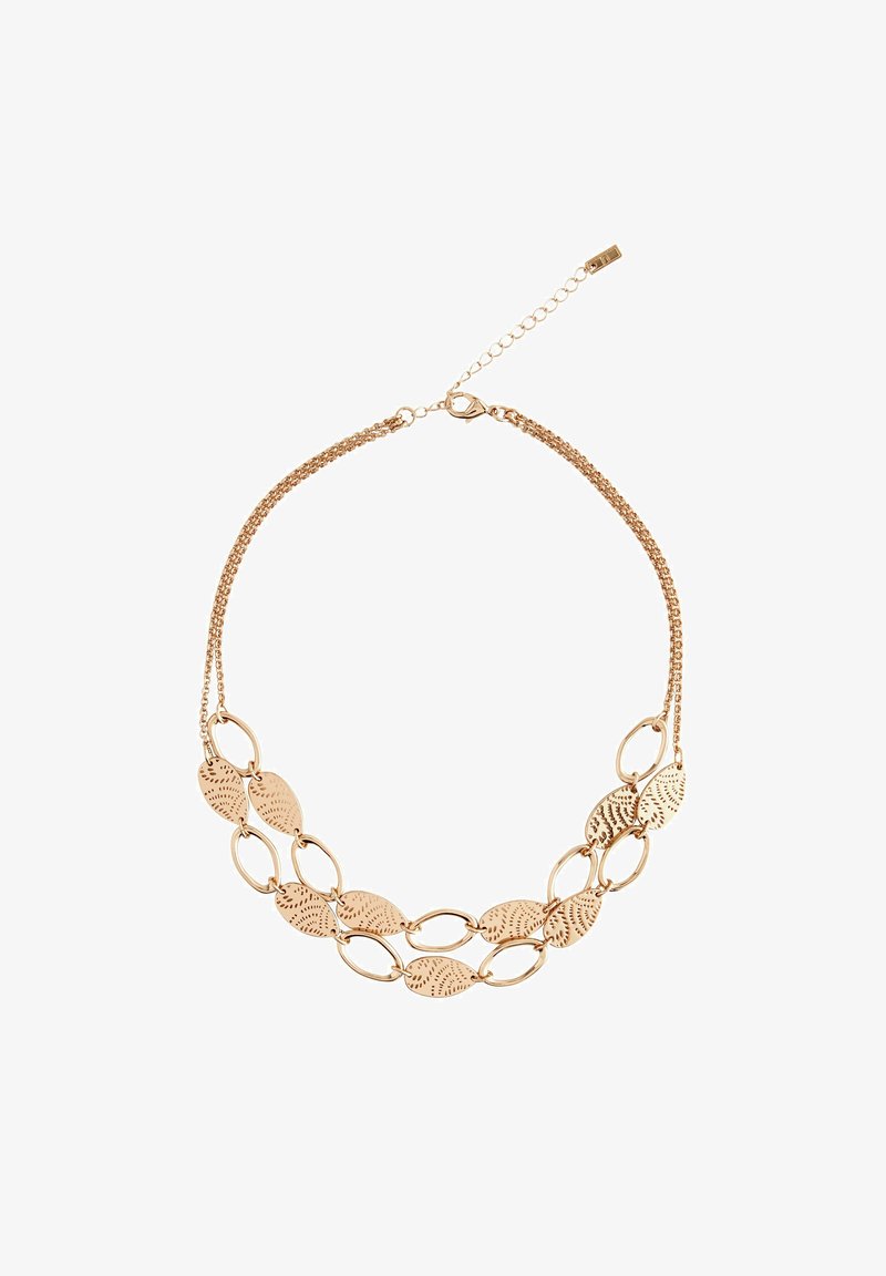Halskette in Goldfarbe mit ovalen, blattförmigen Gliedern mit strukturierten Mustern, die an einer Kette mit einem verstellbaren Verschluss befestigt sind.