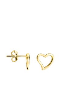 Orecchini a perni a forma di cuore in oro con finitura lucida, caratterizzati da un design semplice e bordi arrotondati, fissati con una chiusura a molla.