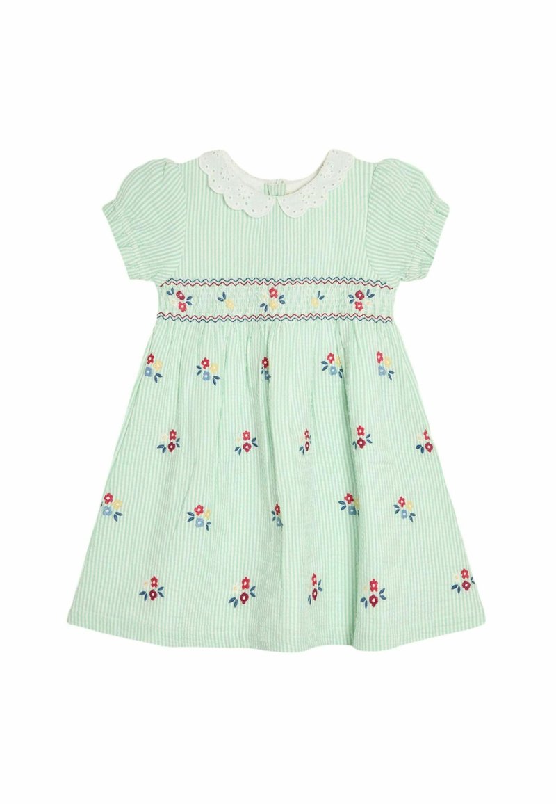 Groen gestreepte jurk met korte mouwen, witte gekartelde kraag, geborduurde bloemen en smock taille. Katoenen stof, knielengte.