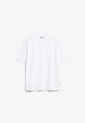 White cotton t-shirt with short sleeves, round neckline, and a small embroidered logo on the left chest, featuring a straight cut.