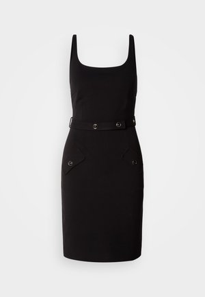 Black fitted dress with a square neckline, adjustable belt featuring circular hardware, and two front pockets with rounded flaps.
