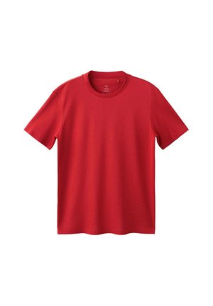 T-shirt rouge à manches courtes et col rond, design uni, présenté à plat avec le devant entièrement visible sur fond blanc.