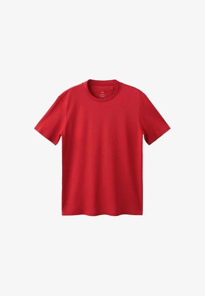 T-shirt rouge à manches courtes et col rond, design uni, présenté à plat avec le devant entièrement visible sur fond blanc.