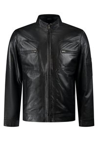 Chaqueta de cuero negra con cremallera frontal, cuello alto y dos bolsillos en el pecho. Presenta una textura elegante y un diseño minimalista.