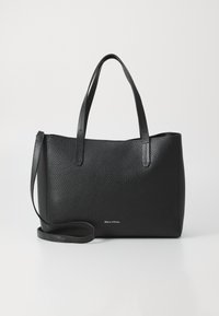 Borsa a tote nera in pelle con finitura texturizzata, due manici superiori e una tracolla rimovibile. Design semplice, logo sul davanti.