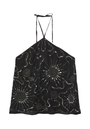 Zwarte haltertop met zilveren pailletten in zonnestraal- en spiraalpatronen en dunne bandjes die in de nek worden gestrikt.