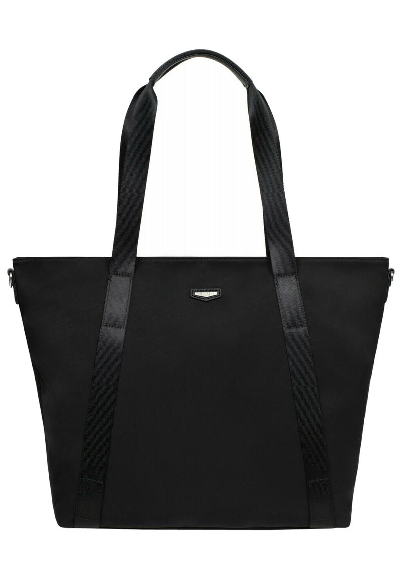 Czarna torba na ramię wykonana z trwałego materiału z dwiema płaskimi rączkami. Posiada elegancki, minimalistyczny design z małym metalicznym akcentem logo z przodu.
