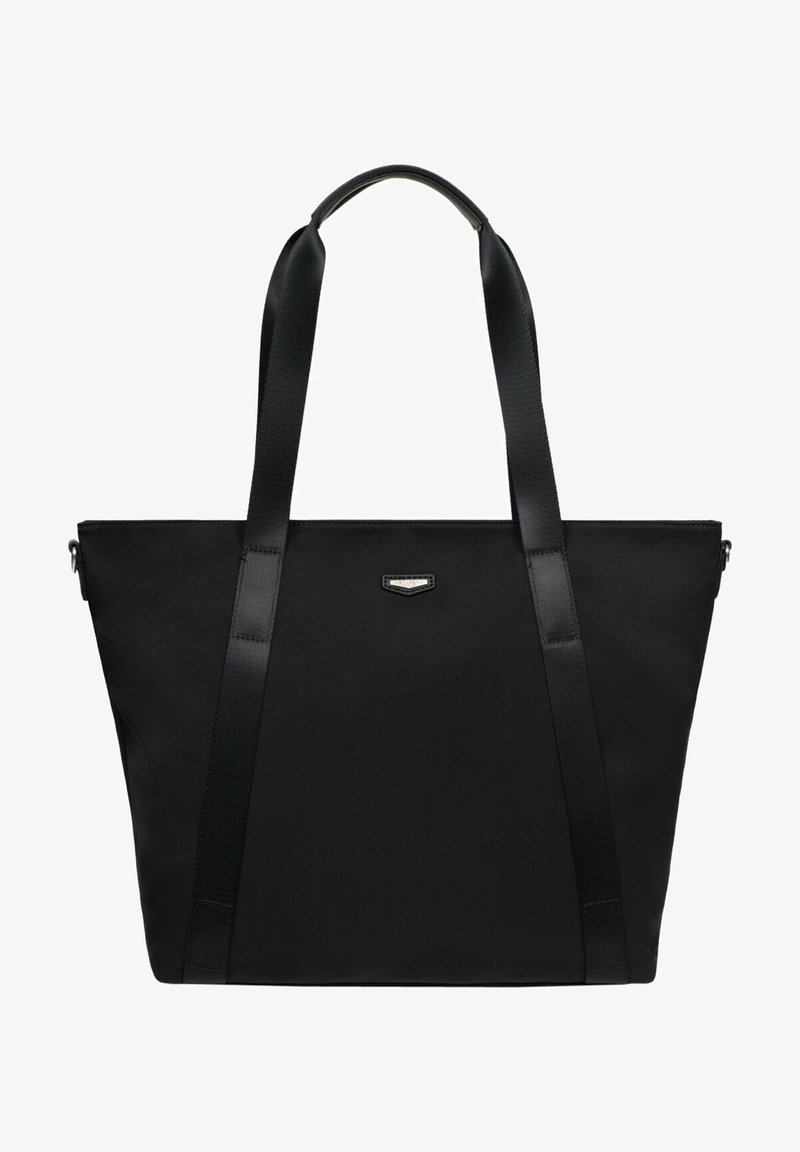 Czarna torba na ramię wykonana z trwałego materiału z dwiema płaskimi rączkami. Posiada elegancki, minimalistyczny design z małym metalicznym akcentem logo z przodu.