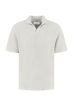 Kurzärmeliges, hellgraues, strukturiertes Strick-Poloshirt mit Kragen und offenem V-Ausschnitt, auf weißem Hintergrund dargestellt.