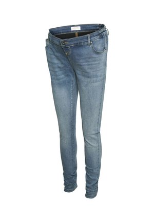 Skinny Jeans aus hellblauem Denim mit glatter Textur, ausgestattet mit einem Reißverschluss, Knopfverschluss und fünf Taschen. Gekräuselte Knöchel.