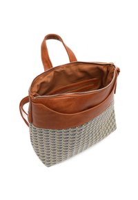 Braune Lederhandtasche mit einem gemusterten, blauen und beigen geflochtenen Boden, ausgestattet mit einer Reißverschlusstasche und einem braunen Stofffutter. Mit zwei Griffen.