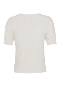 Hvid kortærmet top i et tekstureret, ribbet stof. Har pufærmer og flæsekant. Enkel, tætsiddende design uden udsmykninger.