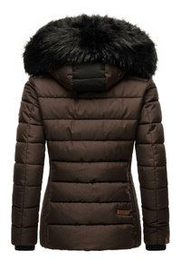 Veste d'hiver matelassée marron avec manches longues et une grande capuche noire bordée de fausse fourrure, vue de dos.