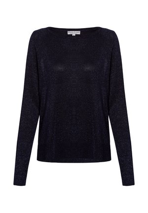 Marineblauer Langarmpullover mit Bootsausschnitt. Das Material hat eine dezente schimmernde Textur. Lockerer Schnitt mit geripptem Saum. Markenetikett sichtbar.