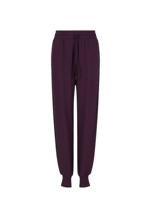 Pantaloni jogger di colore viola scuro realizzati in morbido tessuto, con vita elastica e cordino, e polsini a sbuffo alla caviglia.
