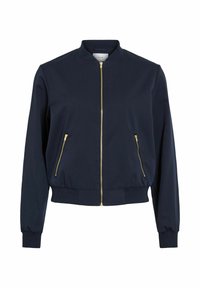 Marinblå bomberjacka med hel frontdragkedja i guld, zippade sidofickor, ribbad krage, manschetter och nederkant.