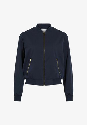 Granatowa kurtka bomberka z pełnym złotym zamkiem błyskawicznym z przodu, kieszeniami bocznymi na zamek, prążkowanym kołnierzem, mankietami i dołem.