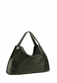 Borsa a mano in pelle verde scuro con una forma strutturata, dotata di due manici e di un accento argentato vicino alla base. Texture liscia in tutto.