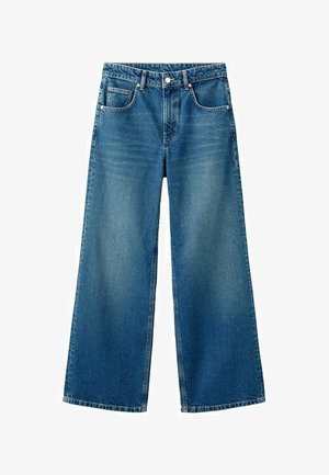 Modré široké rifle s prednými a zadnými vreckami, pútkami na opasok, zapínaním na gombík a vyblednutým detailom na stehnách.