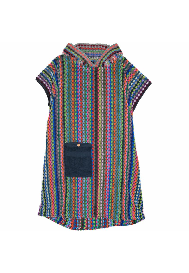 Farbenfrobes Kurzarmkleid aus strukturiertem Stoff, mit Kapuze, vertikalen Streifen in verschiedenen Farben und einer blauen Tasche.