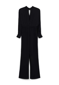 Jumpsuit nero a maniche lunghe con collo alto, schiena scoperta e dettagli con bottoni sui polsini. Presenta una vestibilità rilassata e gambe ampie.