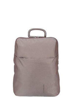 Soft-textured mauve backpack with top handle, front pocket, and silver zipper pulls, shown against a white background.