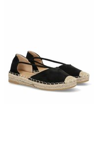 Bailarinas negras de espadrille con parte superior de suave ante, punta redonda y remate de yute trenzado. Presentan correas cruzadas en el tobillo para un ajuste seguro.