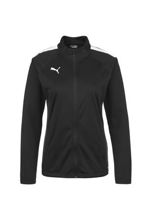 Schwarze Zip-Jacke aus glattem Material, mit hohem Kragen, weißen Akzentstreifen auf den Schultern und einem weißen Logo auf der linken Brust.