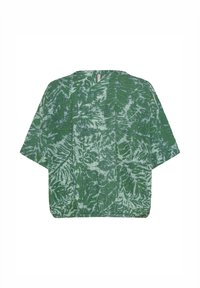 Kortærmet grøn top med et tekstureret bladmotiv. Stoffet har et let hævet design med en løs, kasseformet pasform.