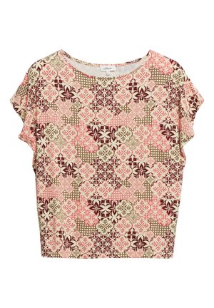 Kurzarmbluse mit rundem Ausschnitt, mit einem Muster aus pinken, beigen und braunen Blumen- und geometrischen Fliesen.