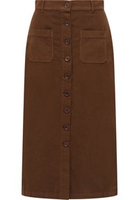 Jupe midi en coton marron avec une fermeture à boutons à l'avant, deux poches plaquées et une silhouette droite avec une texture lisse.