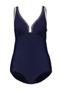 Maillot de bain une pièce bleu marine avec garniture blanche, décolleté en V profond et panneaux en mesh semi-transparents le long du col et des épaules.