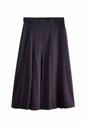 Kariertes Midikleid mit dunkelblauben und kastanienbraunen Tönen, faltigem Design, Taillenbund mit Knopf und weichem Stoffgefühl.