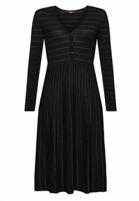 Robe en maille noire à manches longues avec col en V, trois boutons sur le devant, rayures horizontales en haut et rayures verticales sur la partie jupe.