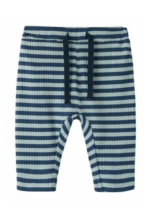 Pantaloni da neonato a righe orizzontali blu e bianche con vita elastica e coulisse blu scuro, tessuto a coste.